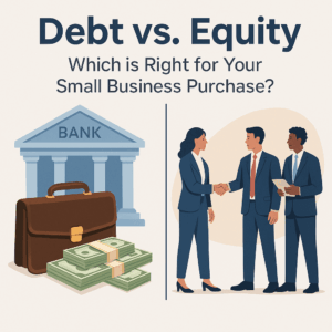 Illustration comparing debt and equity financing for small business acquisition, featuring a bank and briefcase with cash on one side and business professionals shaking hands on the other