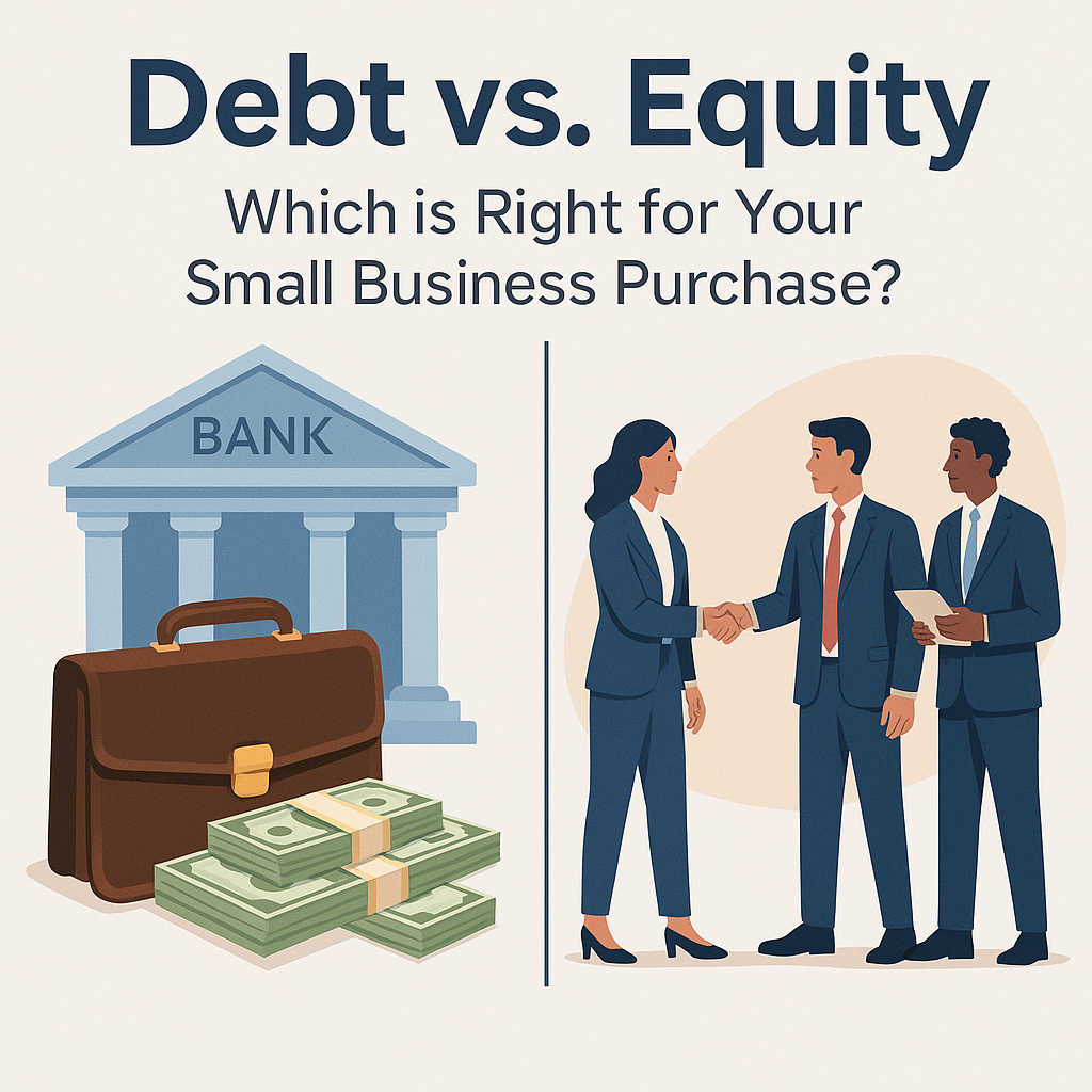Illustration comparing debt and equity financing for small business acquisition, featuring a bank and briefcase with cash on one side and business professionals shaking hands on the other