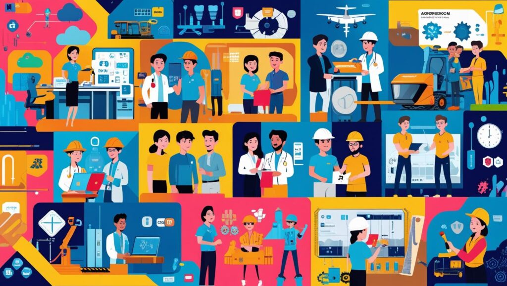 colorful image with people from various industries to represent the options available for entrepreneurship through acquisition.