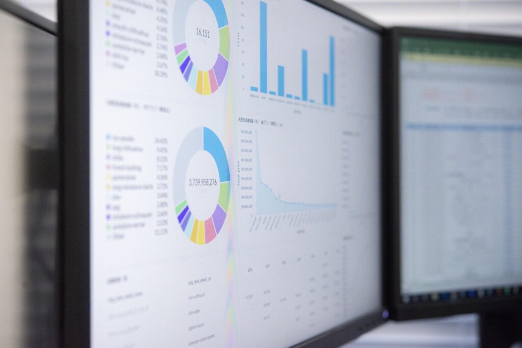 Computer screen showing colorful charts indicating an analysis of information.