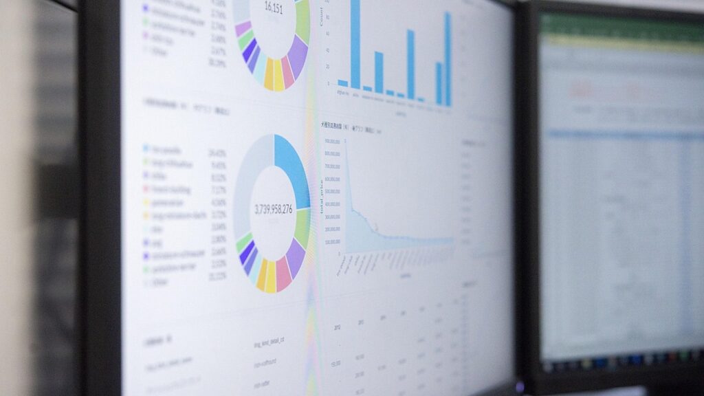Computer monitors showing financial dashboards with bar and donut charts